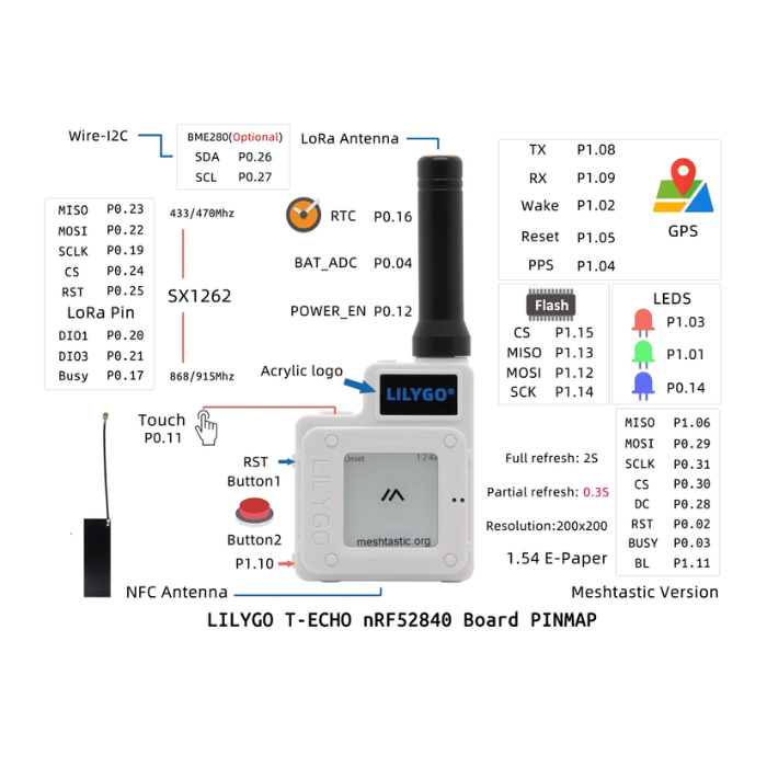 LILYGO® TTGO Meshtastic T-Echo (+ BME280) LoRa SX1262 Wireless Module 915MHz NRF52840 GPS RTC NFC for Arduino H511